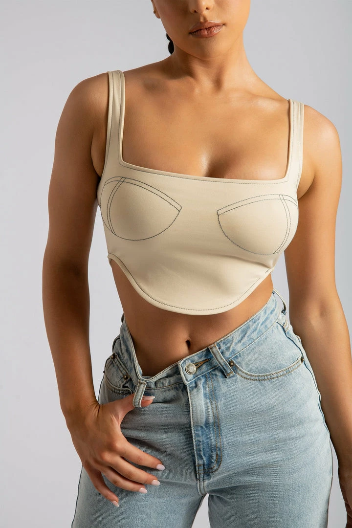 ROM Elsie Sleeveless Contrast Stitch Bustier Top - Tofu 4 ROM Elsie Sleeveless Contrast Stitch Bustier Top - Tofu
