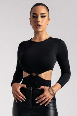ROM Keira O-Ring Waist Long Sleeve Bodysuit - Black All Tops