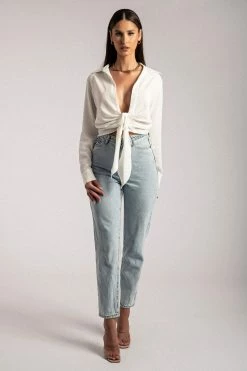 WNT Rona Front Tie Long Sleeve Crop Top - White