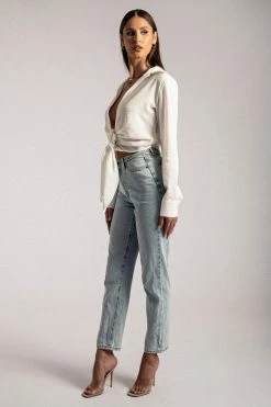 WNT Rona Front Tie Long Sleeve Crop Top - White