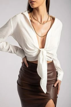 WNT Rona Front Tie Long Sleeve Crop Top - White