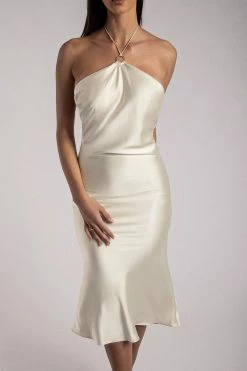 WNT Ivana Satin Halter Midi Dress- Sand