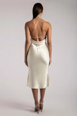 WNT Ivana Satin Halter Midi Dress- Sand