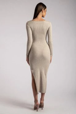 SOP Cali Long Sleeve Knit Midi Dress - Taupe