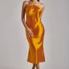 WNT DRESSES Ivana Satin Halter Midi Dress- Tangerine
