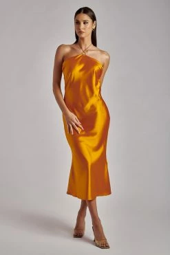 WNT DRESSES Ivana Satin Halter Midi Dress- Tangerine