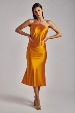 WNT DRESSES Ivana Satin Halter Midi Dress- Tangerine