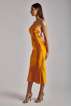 WNT DRESSES Ivana Satin Halter Midi Dress- Tangerine
