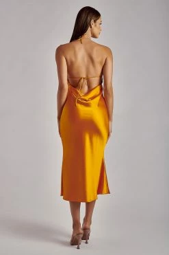 WNT DRESSES Ivana Satin Halter Midi Dress- Tangerine