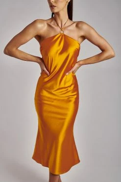 WNT DRESSES Ivana Satin Halter Midi Dress- Tangerine