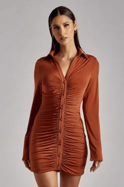 WDN Alexandra Ruched Long Sleeve Mini Dress - Burnt Orange DRESSES