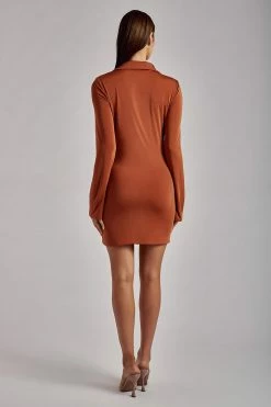 WDN Alexandra Ruched Long Sleeve Mini Dress - Burnt Orange DRESSES