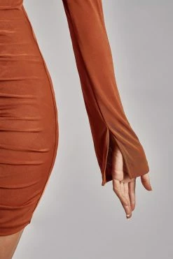 WDN Alexandra Ruched Long Sleeve Mini Dress - Burnt Orange DRESSES