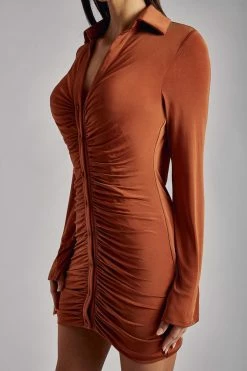 WDN Alexandra Ruched Long Sleeve Mini Dress - Burnt Orange DRESSES