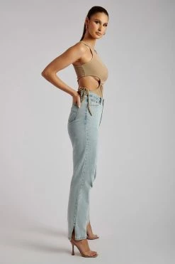 ROM Denver Ribbed Top With Cut Out Side Detail - Camel