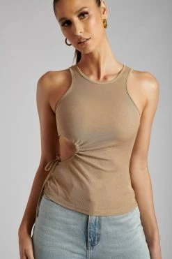 ROM Denver Ribbed Top With Cut Out Side Detail - Camel