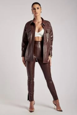 WNT All Bottoms Annabelle High Waisted Croc Skinny Pant - Chocolate