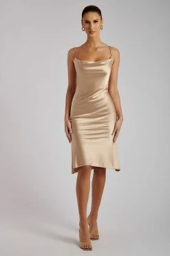 ROM DRESSES Tabitha Cowl Neck Midi Dress - Champagne