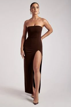 QNG DRESSES Rachel Maxi Split Front Dress - Chocolate 11 QNG DRESSES Rachel Maxi Split Front Dress - Chocolate