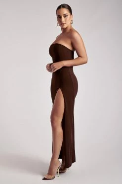 QNG DRESSES Rachel Maxi Split Front Dress - Chocolate 12 QNG DRESSES Rachel Maxi Split Front Dress - Chocolate