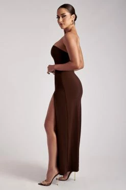 QNG DRESSES Rachel Maxi Split Front Dress - Chocolate 10 QNG DRESSES Rachel Maxi Split Front Dress - Chocolate