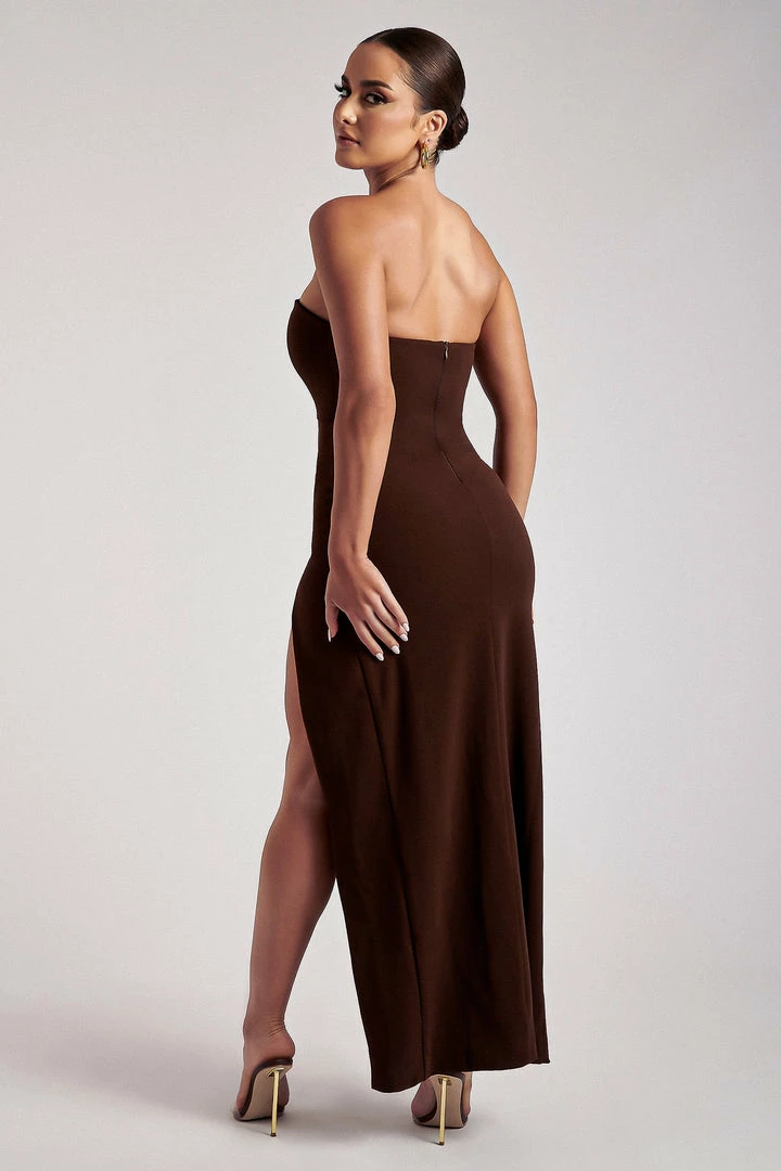 QNG DRESSES Rachel Maxi Split Front Dress - Chocolate 2 QNG DRESSES Rachel Maxi Split Front Dress - Chocolate