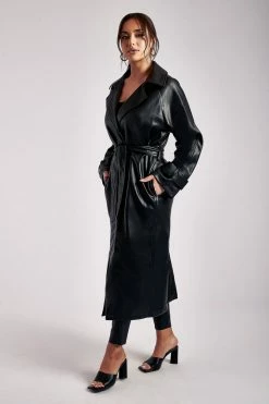 WNG Stassie Faux Leather Belted Trench Coat - Black Coats & Jackets