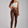 WNT Shayla Skinny Faux Leather Split Pant - Chocolate