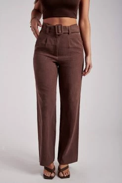 WNT All Bottoms Bronte Linen Belted Trousers - Chocolate