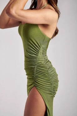 WDN Allison Jersey Ruched Split Maxi Dress - Green DRESSES