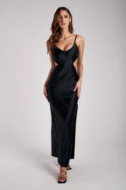 WNT DRESSES Alanis Satin Cut Out Maxi Dress - Black 12 WNT DRESSES Alanis Satin Cut Out Maxi Dress - Black