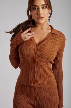 EMS All Tops Tara Knit Button Down Cardigan - Toffee