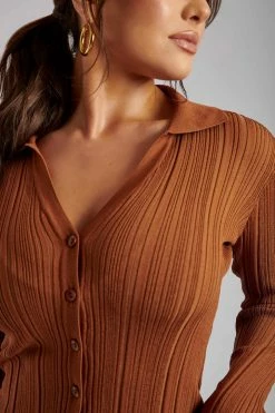 EMS All Tops Tara Knit Button Down Cardigan - Toffee