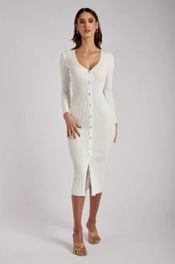 EMS Andrea Knit Button Midi Dress - White DRESSES