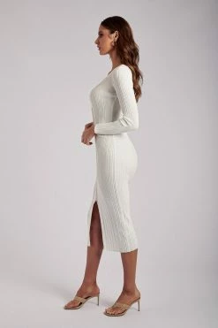 EMS Andrea Knit Button Midi Dress - White DRESSES