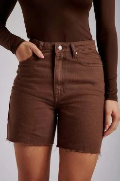 EMS Kirra Raw Hem Longline Boyfriend Shorts - Chocolate All Bottoms 21 EMS Kirra Raw Hem Longline Boyfriend Shorts - Chocolate All Bottoms