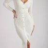 EMS Andrea Knit Button Midi Dress - White DRESSES
