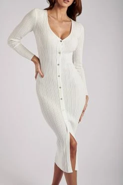 EMS Andrea Knit Button Midi Dress - White DRESSES