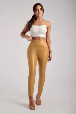 WNT Shayla Skinny Faux Leather Split Pant - Tan