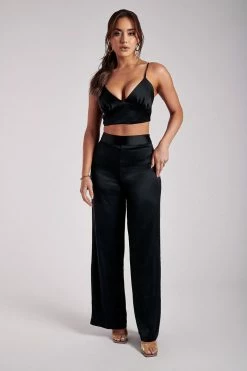WNT All Bottoms Alyssa Satin Wide Leg Trousers - Black