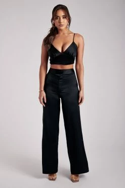 WNT All Bottoms Alyssa Satin Wide Leg Trousers - Black