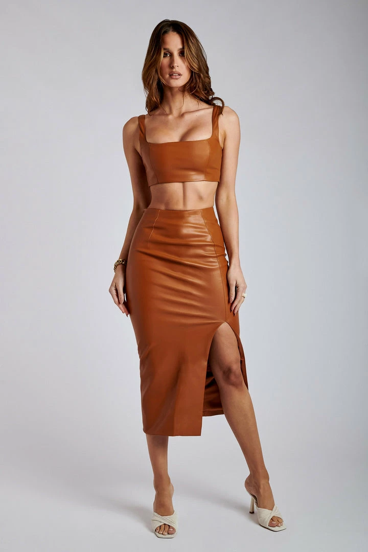 LCH Bahar Faux Leather Split Midi Skirt - Desert Two Piece Sets 1 LCH Bahar Faux Leather Split Midi Skirt - Desert Two Piece Sets