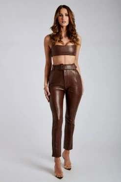 WNG Mehra Croc Faux Leather Split Trousers - Chocolate