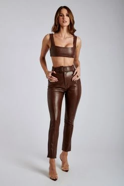 WNG Mehra Croc Faux Leather Split Trousers - Chocolate
