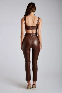 WNG Mehra Croc Faux Leather Split Trousers - Chocolate
