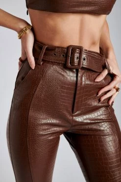 WNG Mehra Croc Faux Leather Split Trousers - Chocolate