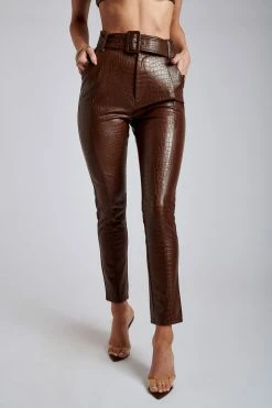WNG Mehra Croc Faux Leather Split Trousers - Chocolate