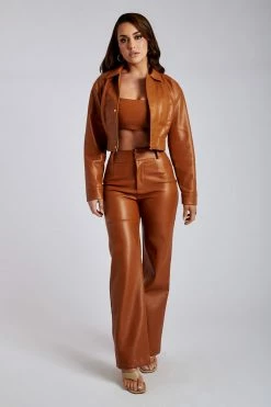 LCH Two Piece Sets Ramona Faux Leather Cropped Jacket - Desert