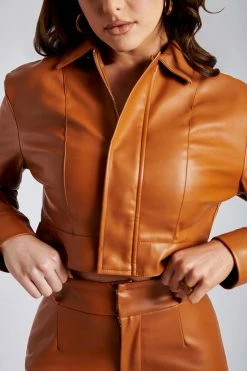 LCH Two Piece Sets Ramona Faux Leather Cropped Jacket - Desert