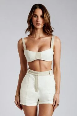 ROM Two Piece Sets Yalda Contrast Panel Linen Shorts - White